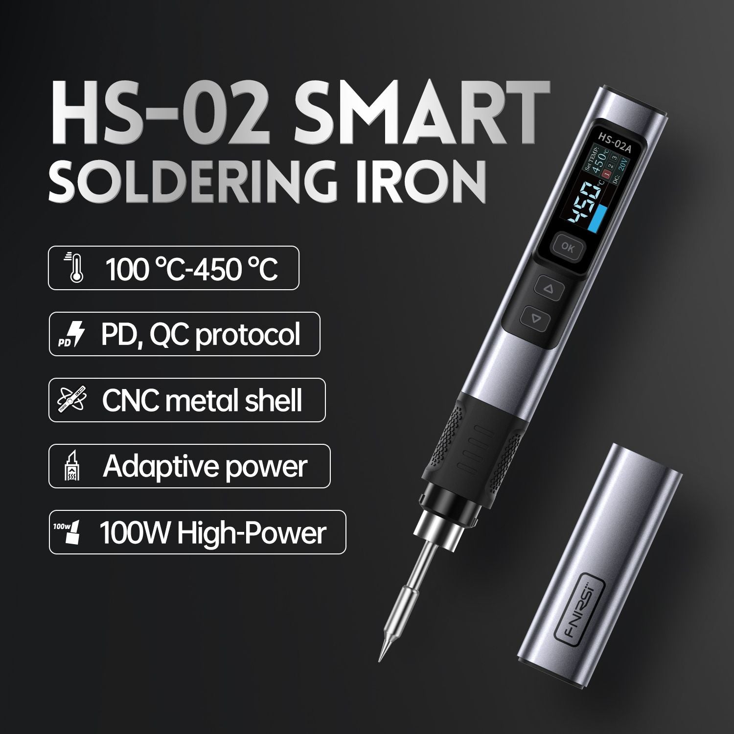 FNIRSI HS-02 Adjustable Temperature Soldering Iron 100-450℃ Welding Solder Rework Station PD 100W