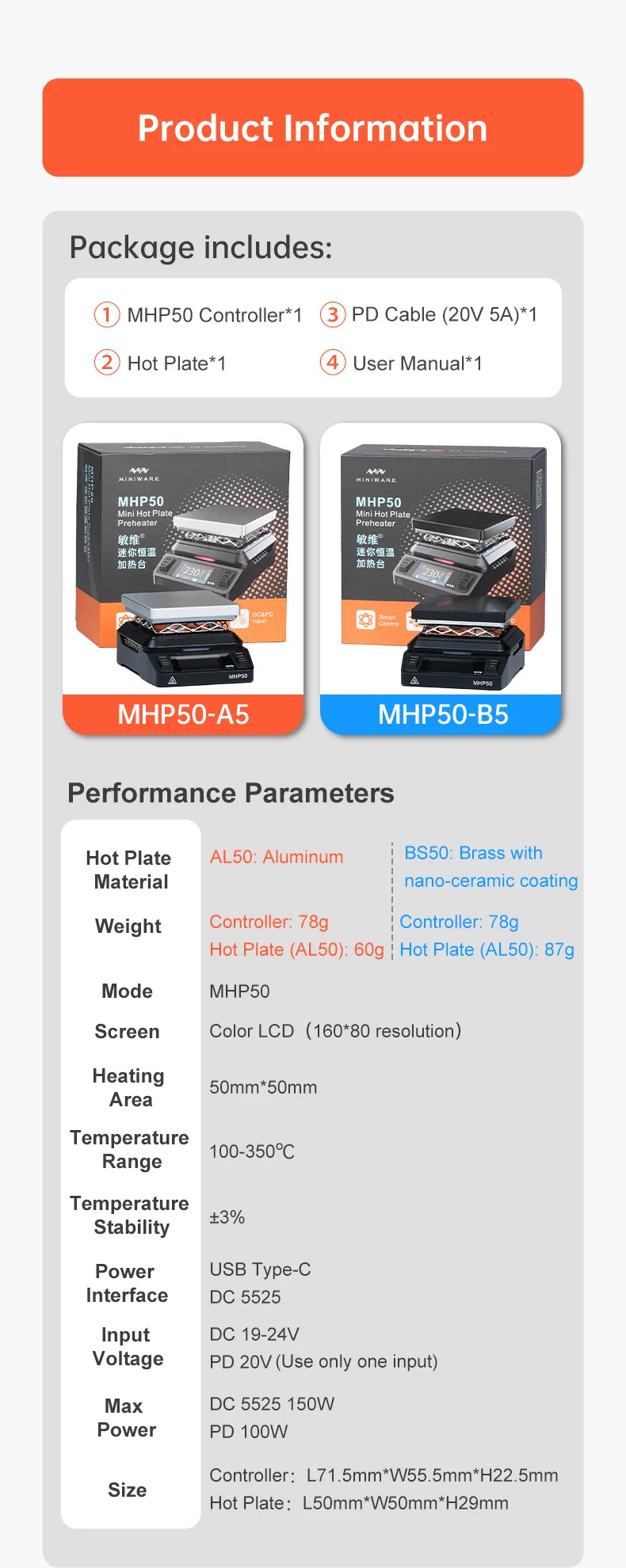 MINIWARE MHP50 Mini Hot Plate Preheater 50*50mm Heating Area Constant Temperature 350℃ Intelligent Heating Tool