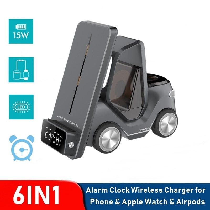 Alarm Clock Wireless Charger Station For Apple Watch Airpods Pro Car/Truck Design Night Light Charging Station For Iphone 11 12 13 14