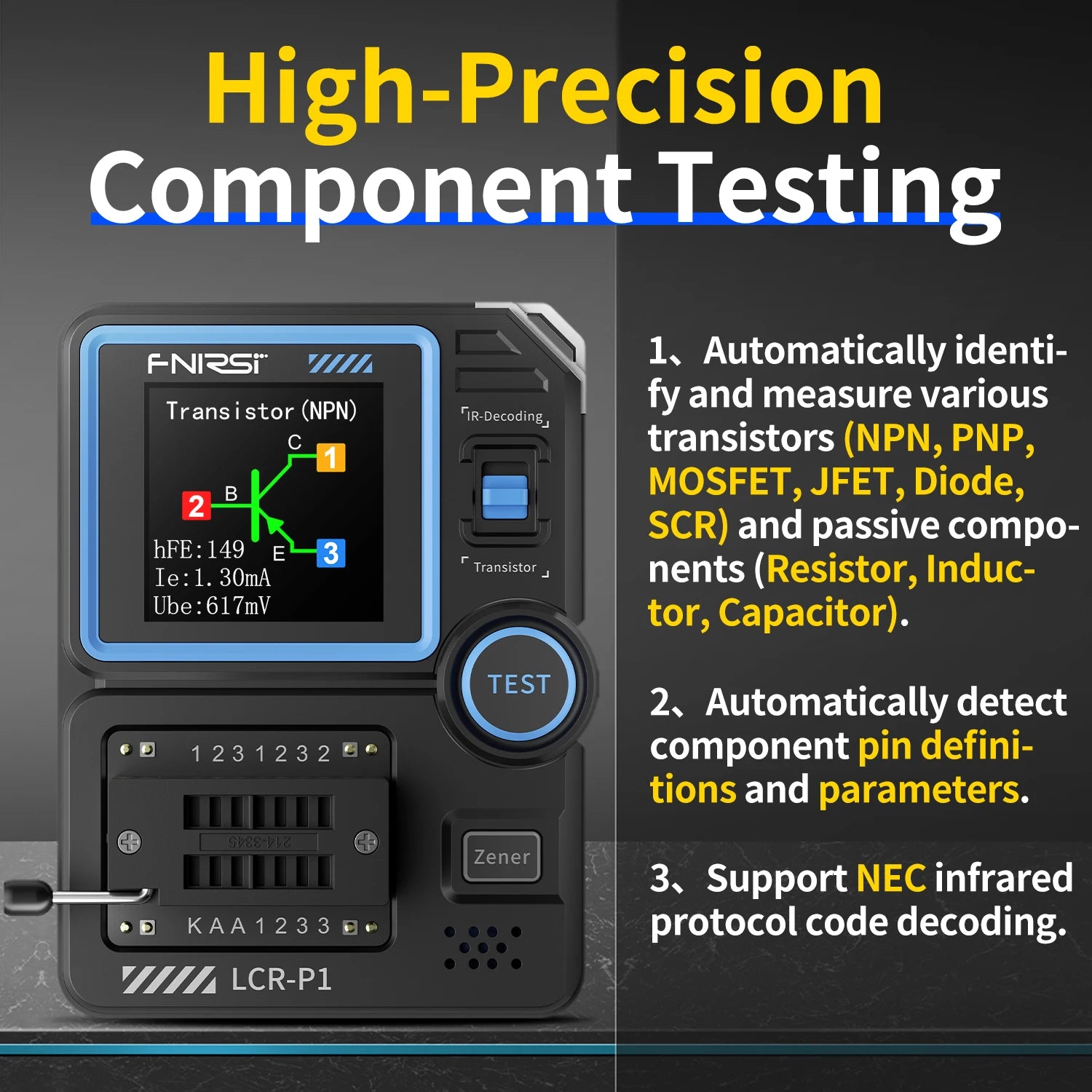 FNIRSI LCR-P1 Transistor Tester Diode Triode Capacitance Resistance Meter LCR ESR Meter NPN PNP MOSFET IR Multifunction Tester