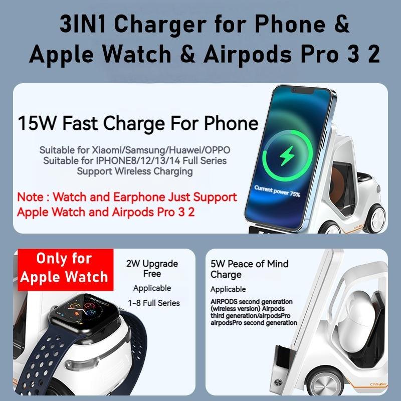 Alarm Clock Wireless Charger Station For Apple Watch Airpods Pro Car/Truck Design Night Light Charging Station For Iphone 11 12 13 14