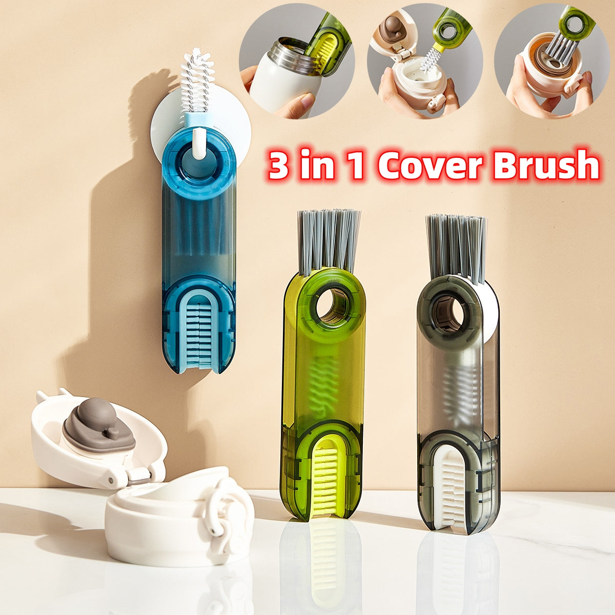 3 In 1 Tiny Brush Bottle Cup Cover Straw Cleaner Multi-Functional Kitchen Tools Gadgets