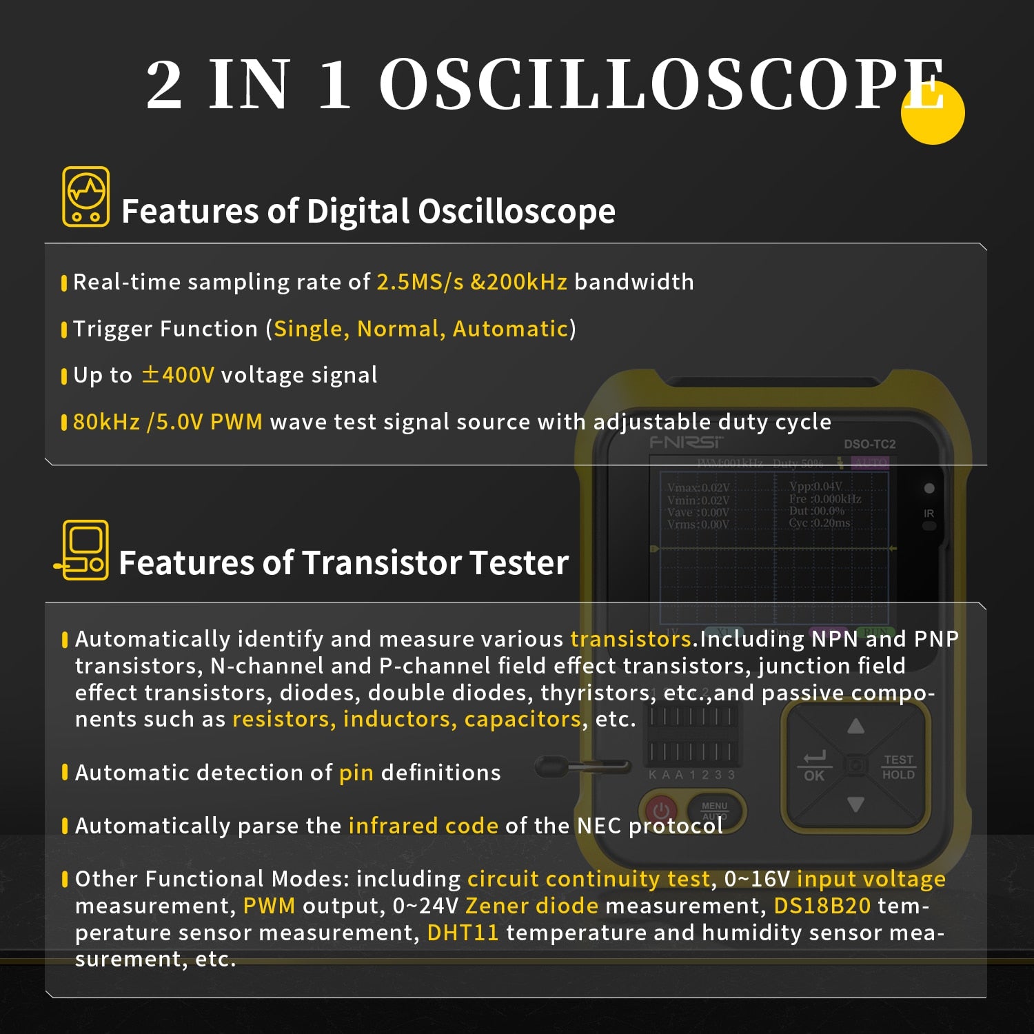 2-in-1 Multi-function Portable Digital Oscilloscope Transistor Tester  Multimeter Diode Voltage LCR Detect