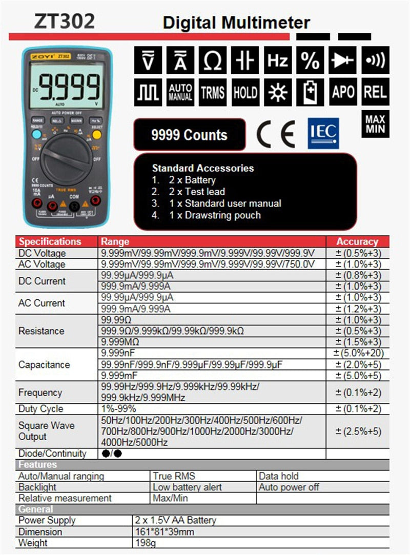 Digital Multimeter ZT-X ZT-303 T-RMS Auto Range DC AC Voltmeter Ammeter Current Capacitor Ohm temp Hz NCV Tester